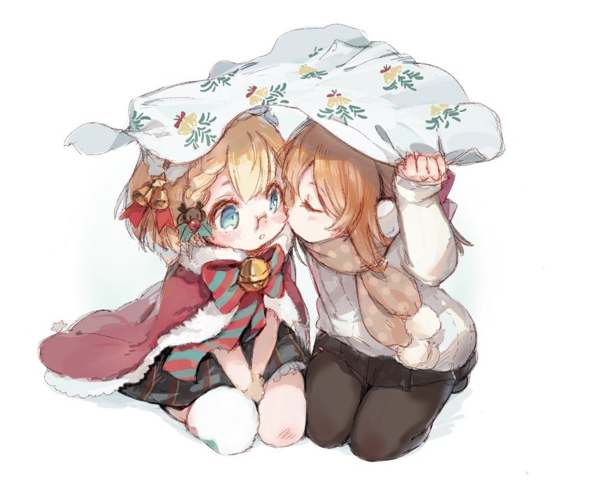 2girls, aged_down, alternate_costume, bell, blanket, christmas, christmas_ornaments, cloak