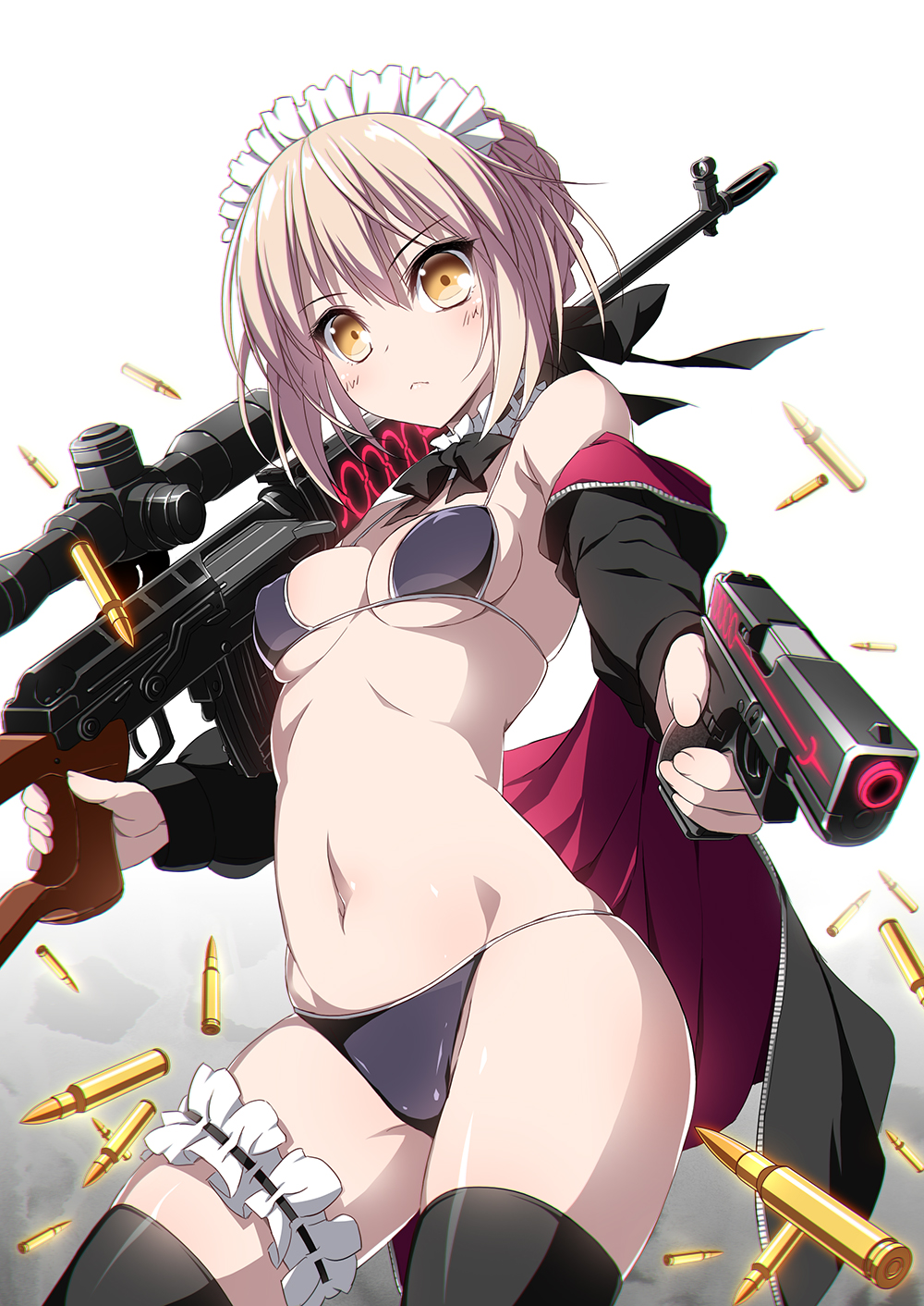 1girl, aiming, ammunition, artoria_pendragon_(fate), bikini, black_bikini, black_jacket, black_neckwear, black_thighhighs, braid, breasts, contrapposto, cowboy_shot, detached_collar, fate/grand_order, fate_(series), female_focus, firearm_request, french_braid, frilled_thigh_strap, glock, gun, handgun, highres, jacket, long_hair, looking_at_viewer, maid, maid_bikini, maid_headdress, open_clothes, open_jacket, rifle, rifle_cartridge, saber_alter, saber_alter_(swimsuit_rider)_(second_ascension), scope, shell_casing, silver_hair, simple_background, small_breasts, solo, suzuri_(tennenseki), swimsuit, thigh_strap, thighhighs, unconventional_maid, weapon, white_background, yellow_eyes