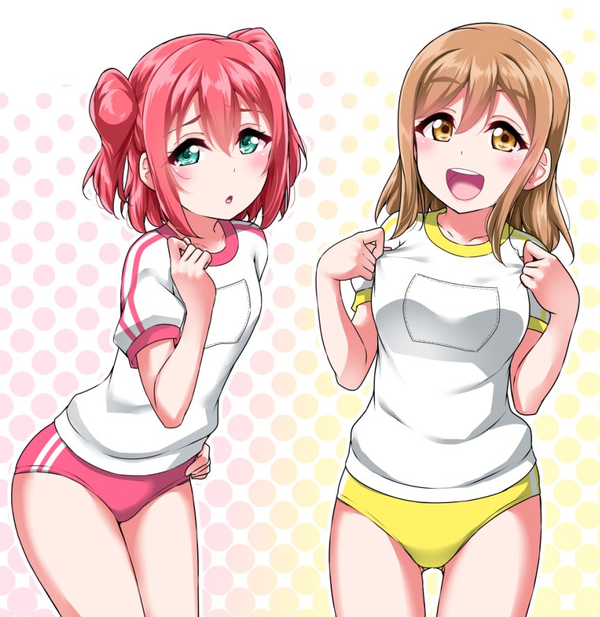 10s, 2girls, :d, :o, adjusting_shirt, blush, brown_eyes, brown_hair