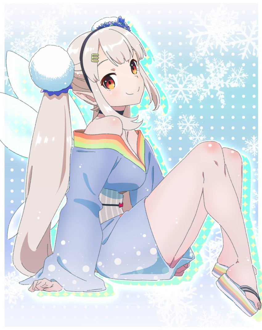 1girl, arm_support, black_hairband, blue_kimono, breasts, choker, double_bun, elu_(3rd_costume)_(nijisanji), elu_(nijisanji), feet, female_focus, full_body, hair_bun, hairband, head_tilt, highres, japanese_clothes, kimono, long_hair, long_sleeves, looking_at_viewer, makicha_(sasurainopink), medium_breasts, nijisanji, obi, off_shoulder, orange_eyes, pointy_ears, print_kimono, sash, shiny_skin, short_kimono, silver_hair, sitting, smile, snowflakes, solo, twintails, very_long_hair, virtual_youtuber, white_wings, wings