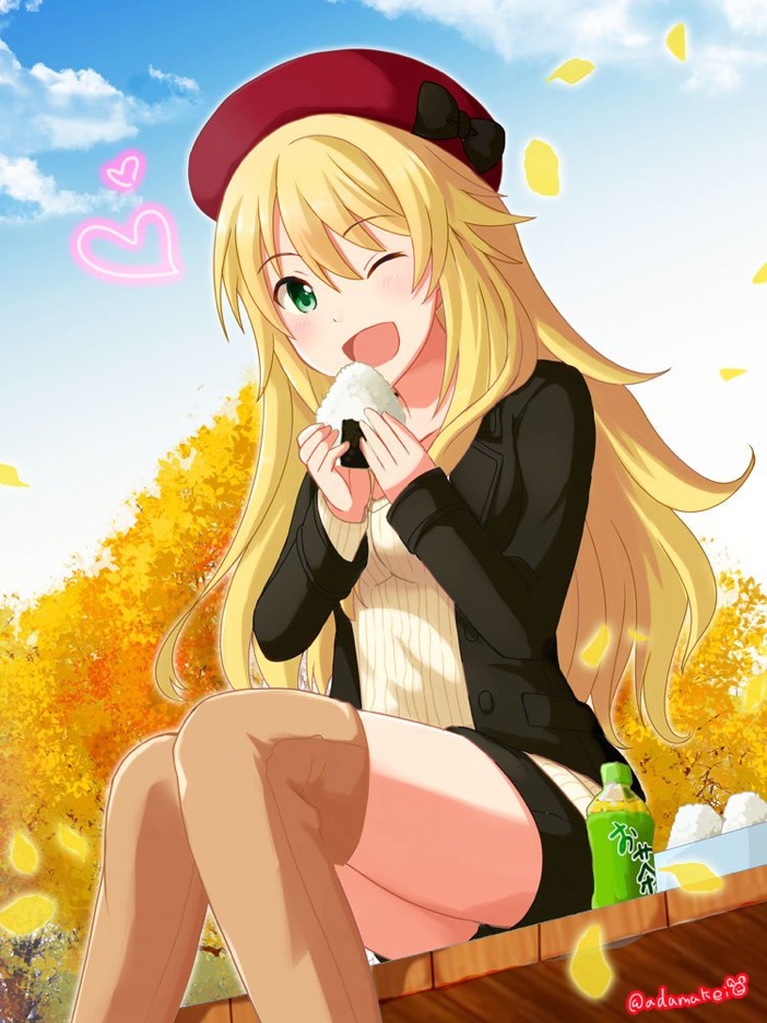 1girl, ;d, autumn, autumn_leaves, azuma_kei, black_bow, black_jacket, black_shorts