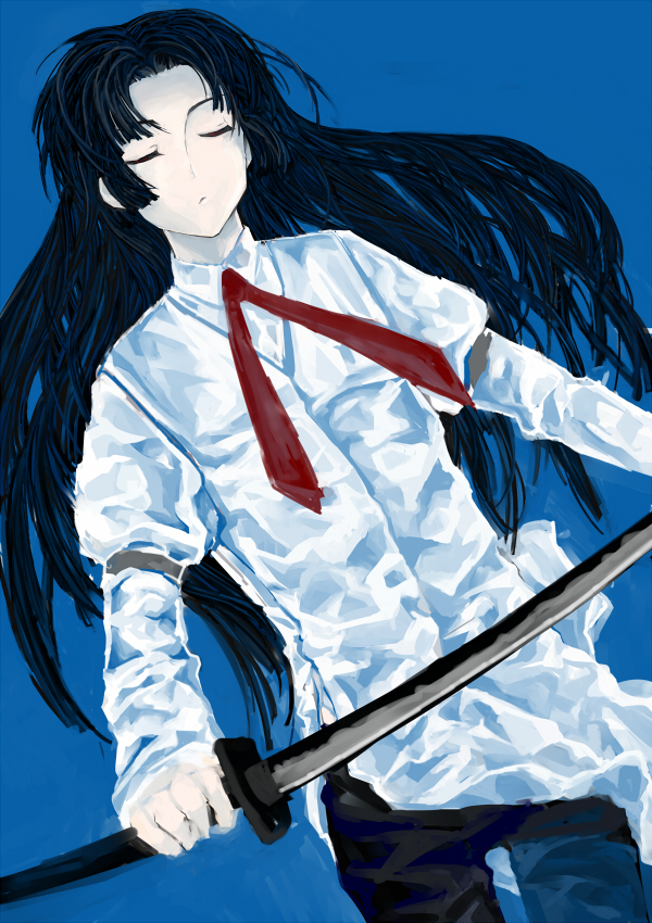 black_hair, closed_eyes, katana, long_hair, mugikum0, solo, sword, tagme