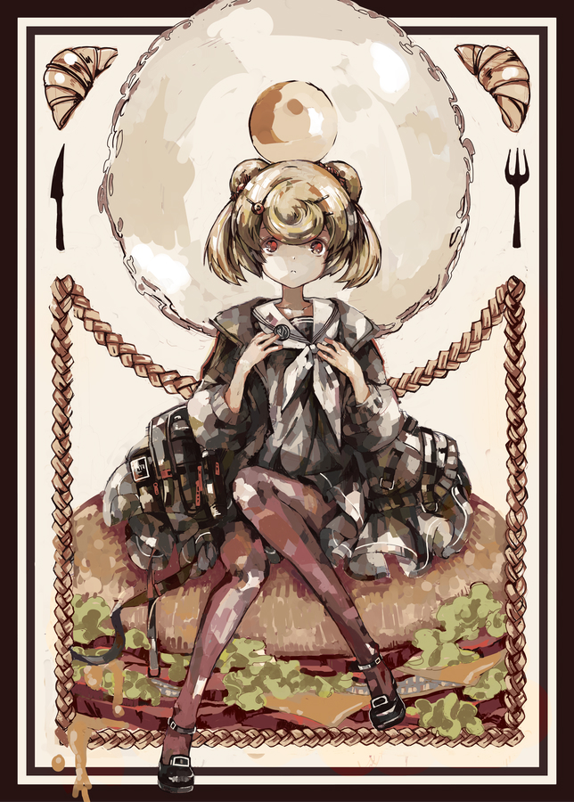 arknights, black_serafuku, egg_(food), food, food-themed_hair_ornament, full_body, gummy_(arknights), hair_ornament