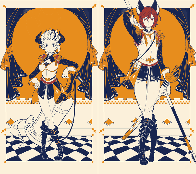 1boy, 1girl, animal_ears, anissida, armor, boots, breastplate, cannon, checkered_floor, curtains, draph, epaulettes, erune, gloves, granblue_fantasy, hailak, hand_on_own_hip, holding, holding_weapon, horns, looking_at_viewer, military, military_uniform, mugikum0, multicolored_hair, polearm, red_hair, sheath, short_hair, smile, spear, sword, weapon, white_hair