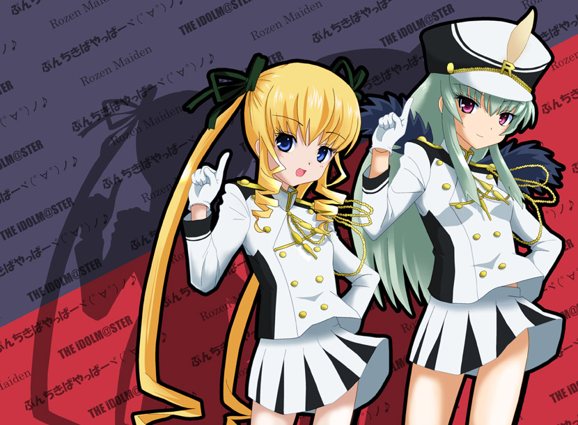 2girls, band_uniform, blonde_hair, blue_eyes, caipirinha_(meme), doll_joints, drill_hair, gloves