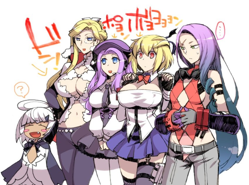 10s, 5girls, amy_chrysanthemum, blonde_hair, blue_eyes, breasts, claire_victorious, cleavage, fingerless_gloves, gloves, god_eater, god_eater_3, hilda_henriquez, large_breasts, long_hair, lulu_baran, miyasumi_(jam_session), monocle, multiple_girls, phym_(god_eater), short_hair, tagme