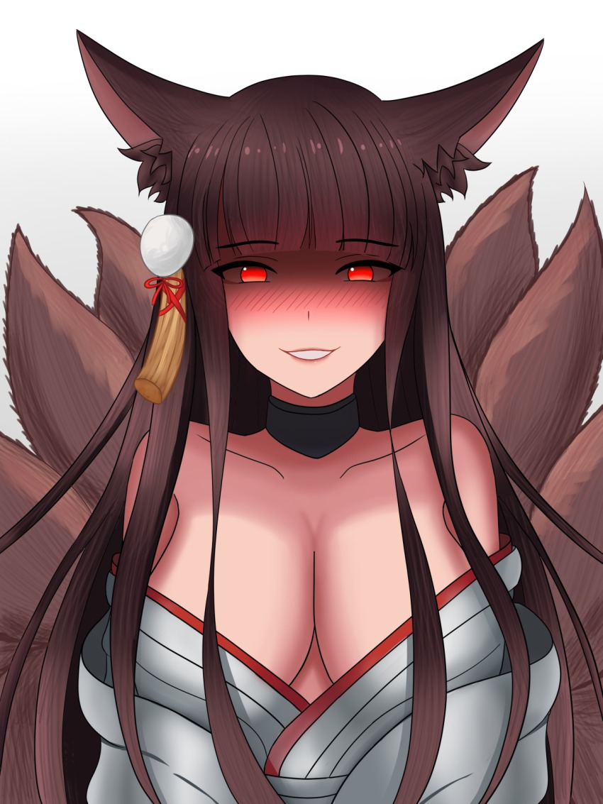 1girl, akagi_(azur_lane), akagi_(deep_crimson_poppy)_(azur_lane), animal_ears, azur_lane, bare_shoulders, blush, breasts