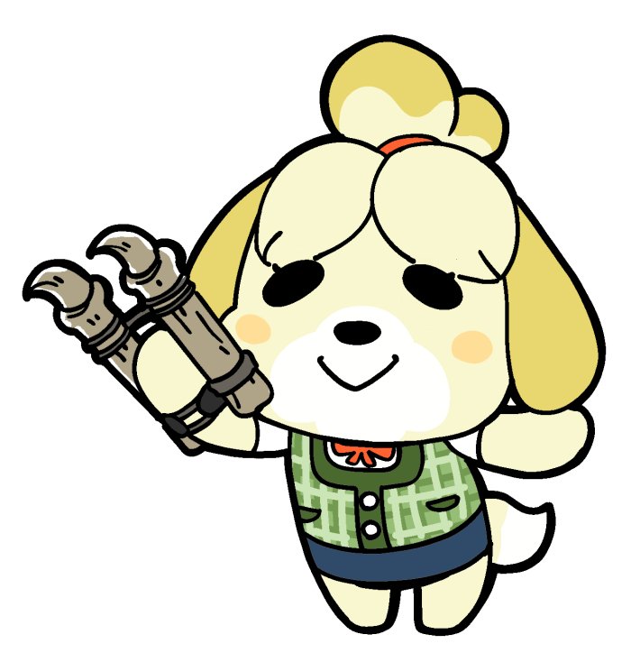1girl, :>, animal, animal_crossing, bkub, blue_skirt, blush_stickers, bow, bowtie, commentary, deathclaw, deathclaw_gauntlet, dog, dog_girl, dog_tail, fallout, fallout_4, fallout_76, female_focus, full_body, furry, furry_female, gauntlets, green_vest, hairband, isabelle_(animal_crossing), multicolored_hair, nintendo, plaid_clothes, plaid_vest, red_bow, red_bowtie, red_hairband, shirt, simple_background, single_gauntlet, skirt, smile, solo, standing, super_smash_bros., tail, topknot, two-tone_hair, vest, white_background, white_shirt, yellow_fur