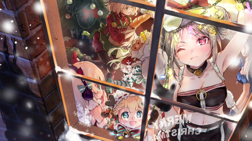 6+girls, aged_down, alternate_costume, animal_ear_headphones, animal_ears, art556_(girls'_frontline), art556_(little_chimney_sweeper)_(girls'_frontline), baguette, bread, cat_ear_headphones, cat_ears, christmas_lights, christmas_ornaments, christmas_tree, double_bun, eyewear_on_head, fake_animal_ears, five-seven_(blue_christmas)_(girls'_frontline), five-seven_(girls'_frontline), food, g36_(every_child's_x'mas_dream)_(girls'_frontline), g36_(girls'_frontline), girls'_frontline, glasses, hair_bun, headphones, maid_headdress, merry_christmas, multiple_girls, official_alternate_costume, official_art, one_eye_closed, p90_(girls'_frontline), p90_(scarlet_turbo)_(girls'_frontline), px4_storm_(girls'_frontline), px4_storm_(queen_of_x'mas_morning)_(girls'_frontline), reflection, sack, shadow, snow, snowing, stuffed_animal, stuffed_toy, sunglasses, teddy_bear, tmp_(girls'_frontline), tmp_(red-eared_cat)_(girls'_frontline), tongue, tongue_out, tripping, window