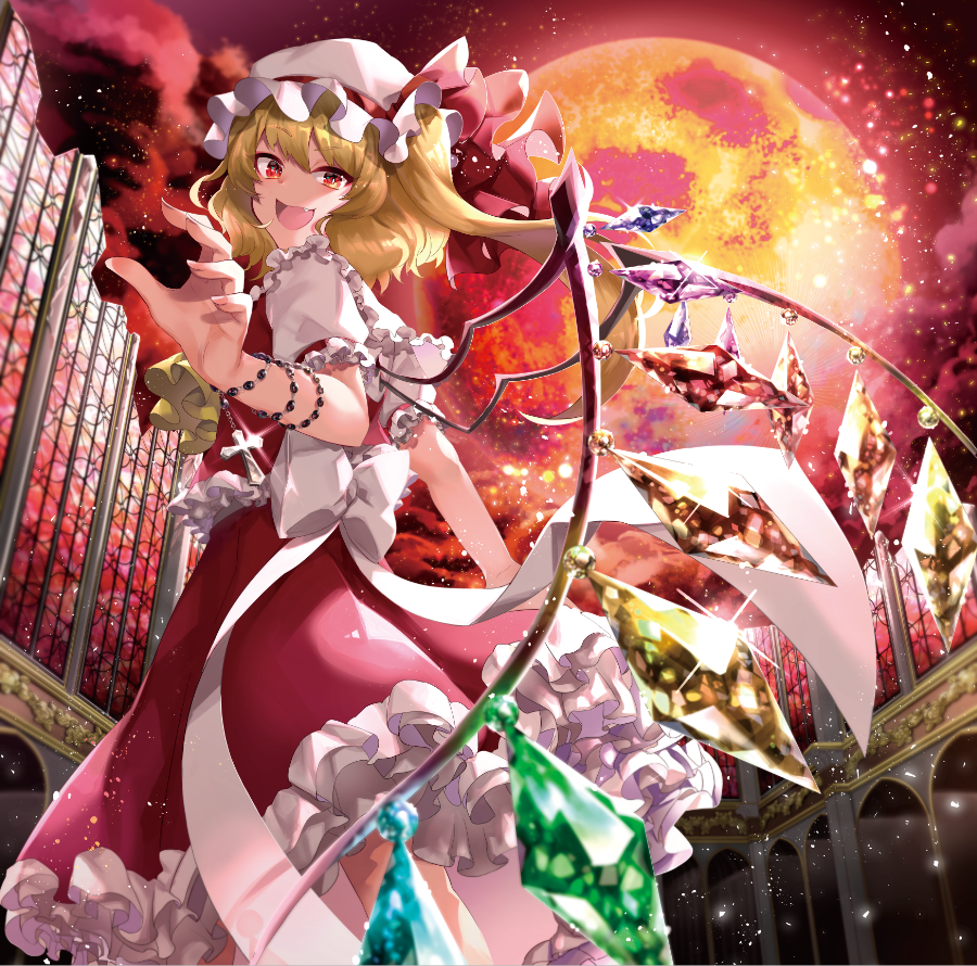 1623, 1girl, :d, back_bow, beads, blonde_hair, blurry, bow