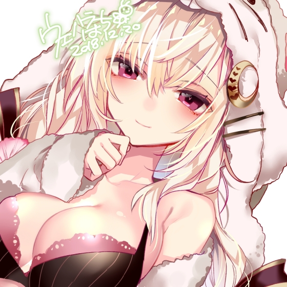 1girl, bad_id, bad_pixiv_id, black_bra, blonde_hair, blush, bra, breasts, cleavage, close-up, closed_mouth, crescent, crescent_hair_ornament, dated, female_focus, flower_knight_girl, hair_ornament, hood, large_breasts, long_hair, looking_at_viewer, oenothera_(flower_knight_girl), purple_eyes, raised_eyebrows, signature, simple_background, smile, solo, uehara_hachi, underwear, white_background