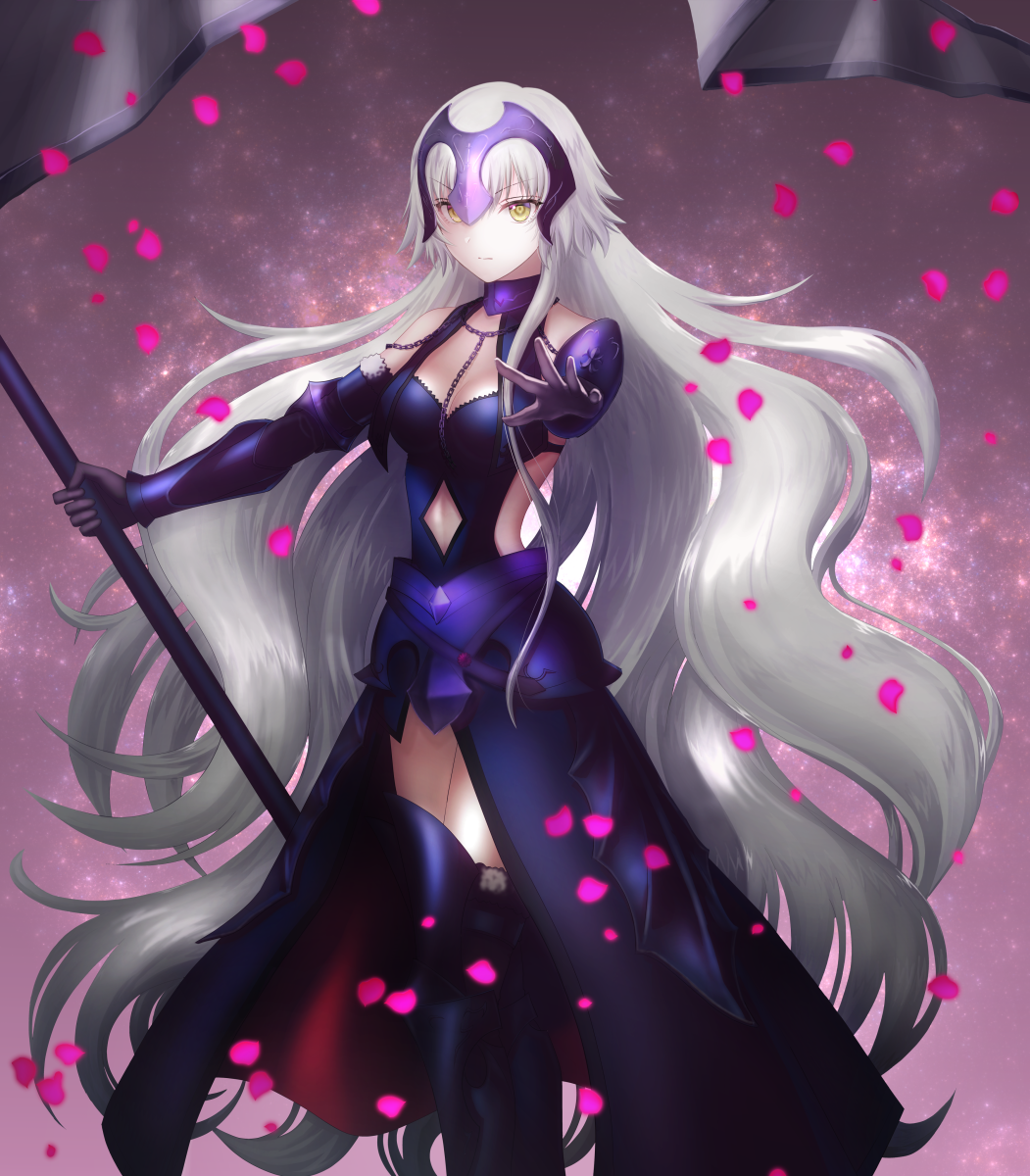 1girl, armor, armored_dress, bad_id, bad_pixiv_id, banner, black_gloves, black_thighhighs