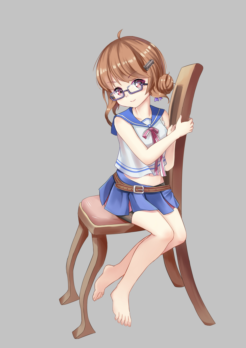 1girl, absurdres, ahoge, azur_lane, barefoot, belt, bike_shorts, blue_skirt, brown_eyes, brown_hair, chair, crop_top, feet, female_focus, glasses, grey_background, hair_bun, highres, long_hair, midriff, miniskirt, raleigh_(azur_lane), school_uniform, serafuku, shirt, shorts, shorts_under_skirt, simple_background, single_hair_bun, sitting, skirt, sleeveless, sleeveless_shirt, smile, solo, the_hermit_(by5100770), toes, white_shirt
