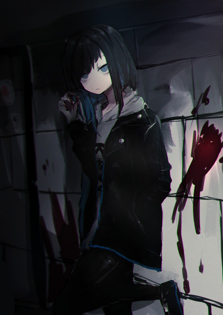 1girl, absurdres, bags_under_eyes, black_hair, black_pantyhose, blood, blue_eyes, chromatic_aberration