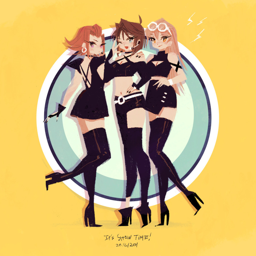 3girls, asymmetrical_clothes, asymmetrical_legwear, backless_dress, backless_outfit, bare_shoulders, belt, black_collar