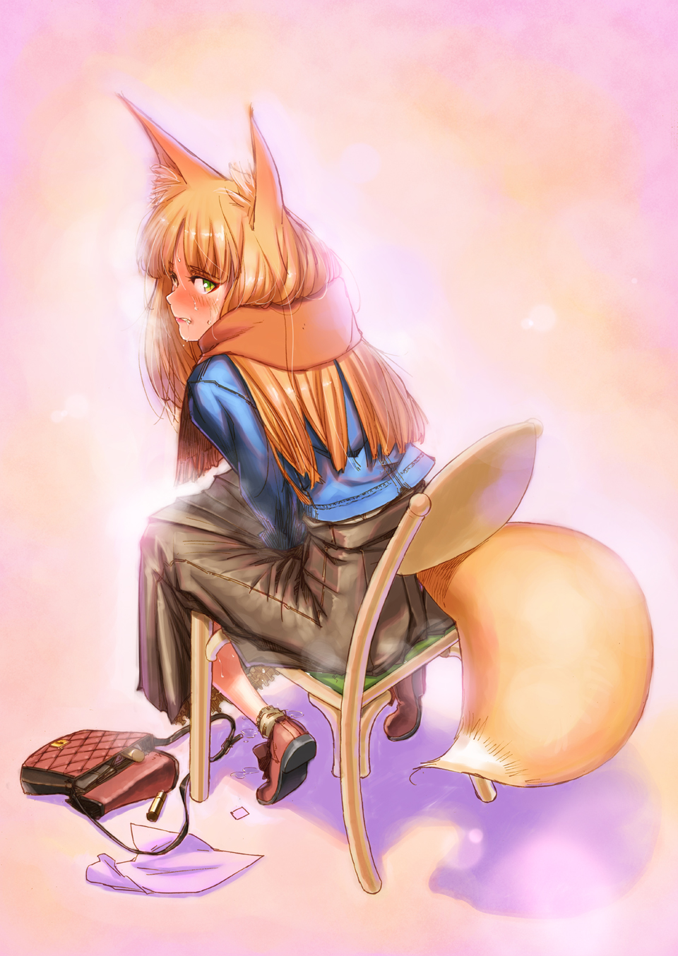 1girl, animal_ear_fluff, animal_ears, bag, blonde_hair, blush, chair, cosmetics, enpera, fox_ears, fox_girl, fox_tail, full_body, green_eyes, handbag, highres, in_heat, lipstick_tube, long_skirt, mechanical_pencil, meiz, original, pencil, scarf, sitting, skirt, sweat, tagme, tail