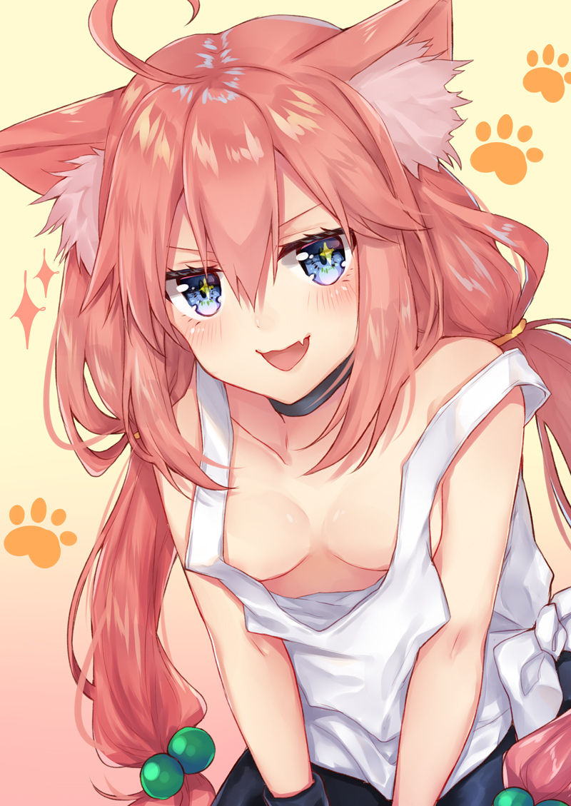 +_+, 1girl, :d, ahoge, animal_ear_fluff, animal_ears, bare_shoulders, bike_shorts, black_choker, blue_eyes, blush, breasts, cat_ears, choker, diamond-shaped_pupils, diamond_(shape), downblouse, extended_downblouse, female_focus, hair_between_eyes, hinata_channel, long_hair, looking_at_viewer, nazuna_shizuku, nekomiya_hinata, no_bra, open_mouth, paw_print, pink_hair, shirt, small_breasts, smile, solo, symbol-shaped_pupils, twintails, v-shaped_eyebrows, very_long_hair, virtual_youtuber, white_shirt