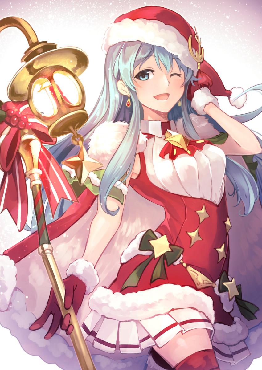 1girl, aqua_eyes, aqua_hair, bow, cape, dress, earrings, eirika_(fire_emblem), eirika_(winter)_(fire_emblem), female_focus, fire_emblem, fire_emblem:_the_sacred_stones, fire_emblem_heroes, fur_trim, gloves, hat, highres, holding, holding_staff, jewelry, long_hair, nakabayashi_zun, nintendo, one_eye_closed, open_mouth, pom_pom_(clothes), red_gloves, red_hat, santa_costume, santa_hat, sleeveless, sleeveless_dress, solo, staff, thighhighs
