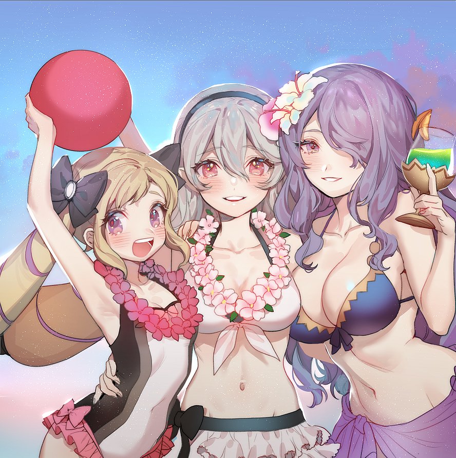 3girls, armpits, bikini, blonde_hair, blush, breasts, camilla_(fire_emblem), camilla_(tropical_beauty)_(fire_emblem)