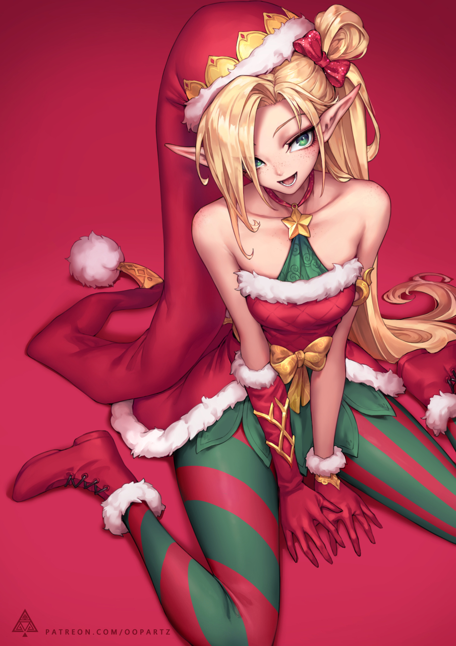 1girl, :d, alternate_costume, ambitious_elf_jinx, artist_logo, asymmetrical_gloves, bare_shoulders, blonde_hair