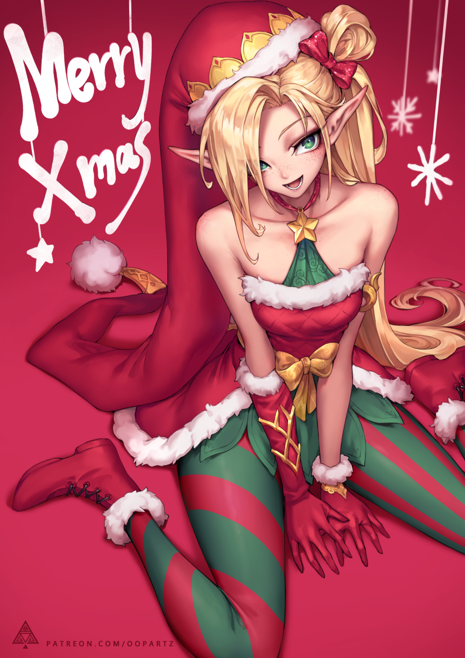 1girl, :d, alternate_costume, ambitious_elf_jinx, artist_logo, asymmetrical_gloves, bare_shoulders, blonde_hair