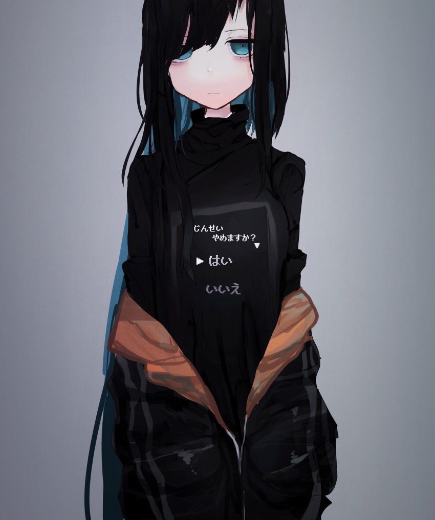 1girl, bags_under_eyes, black_hair, blue_hair, expressionless, female_focus, grey_background, hair_over_one_eye