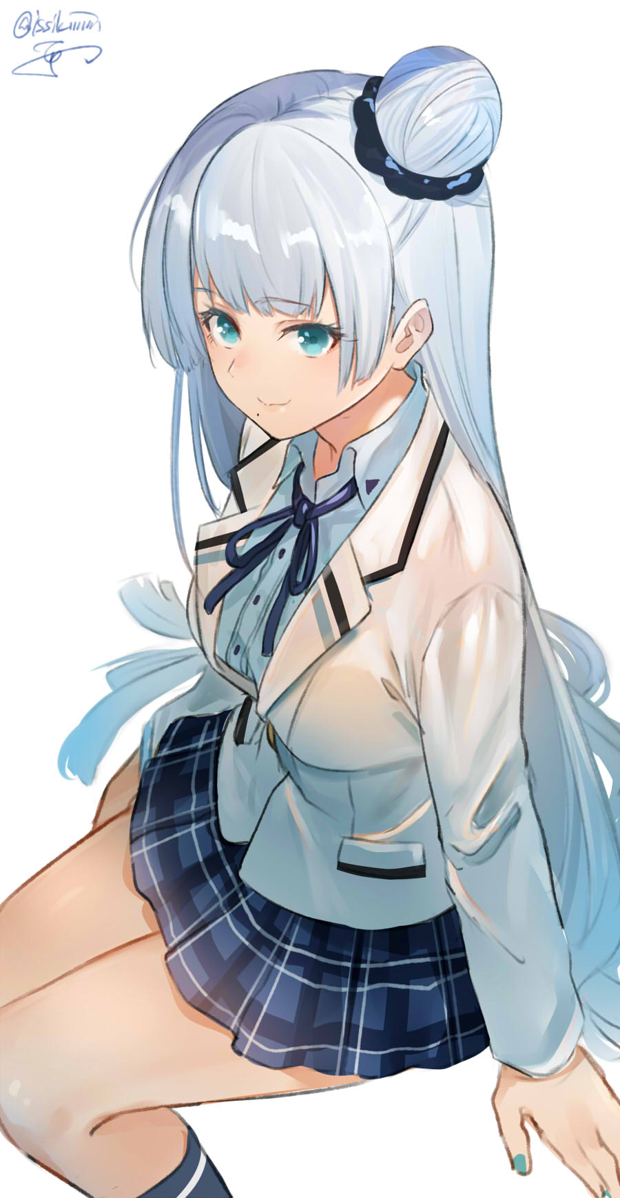 1girl, blue_eyes, blue_hair, blue_nails, closed_mouth, female_focus, hair_bun, hair_ornament, hair_scrunchie, highres, isshiki_(ffmania7), light_blue_hair, long_hair, looking_at_viewer, miniskirt, mole, mole_under_mouth, nail_polish, nijisanji, plaid_clothes, plaid_skirt, school_uniform, scrunchie, setsuna_(2nd_costume)_(nijisanji), setsuna_(nijisanji), signature, single_hair_bun, skirt, smile, solo, very_long_hair, virtual_youtuber, white_background