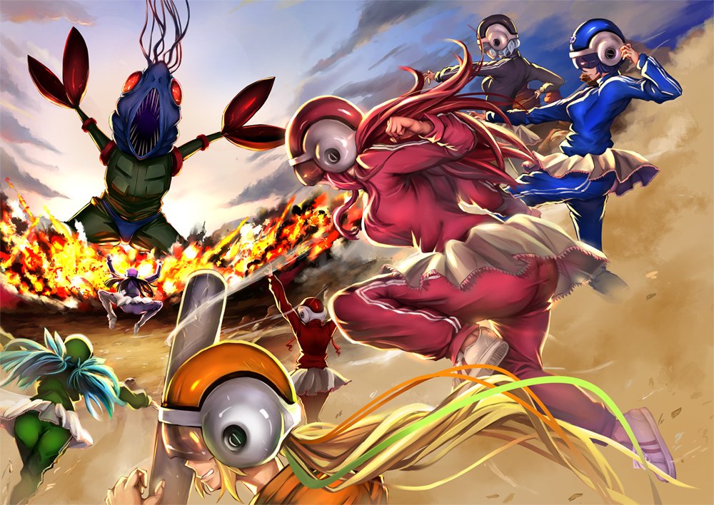 10s, 6+girls, backlighting, baseball_bat, black_hair, black_track_suit, blonde_hair, blue_hair