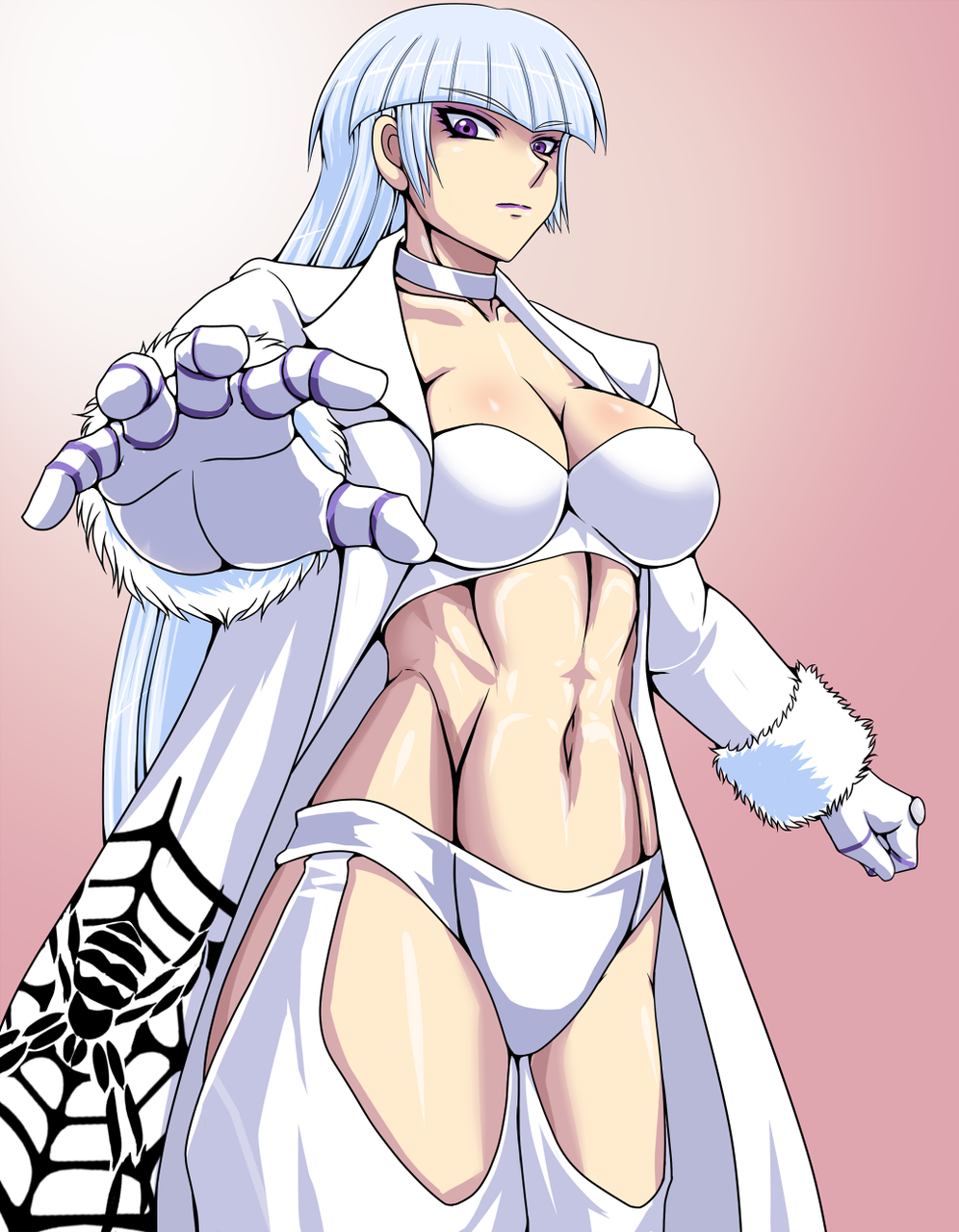 1girl, alternate_color, cowboy_shot, female_focus, gloves, highres, long_hair, muscular, original, purple_eyes, shidoh_ryuu, silver_hair, solo, taroimo_(00120014)