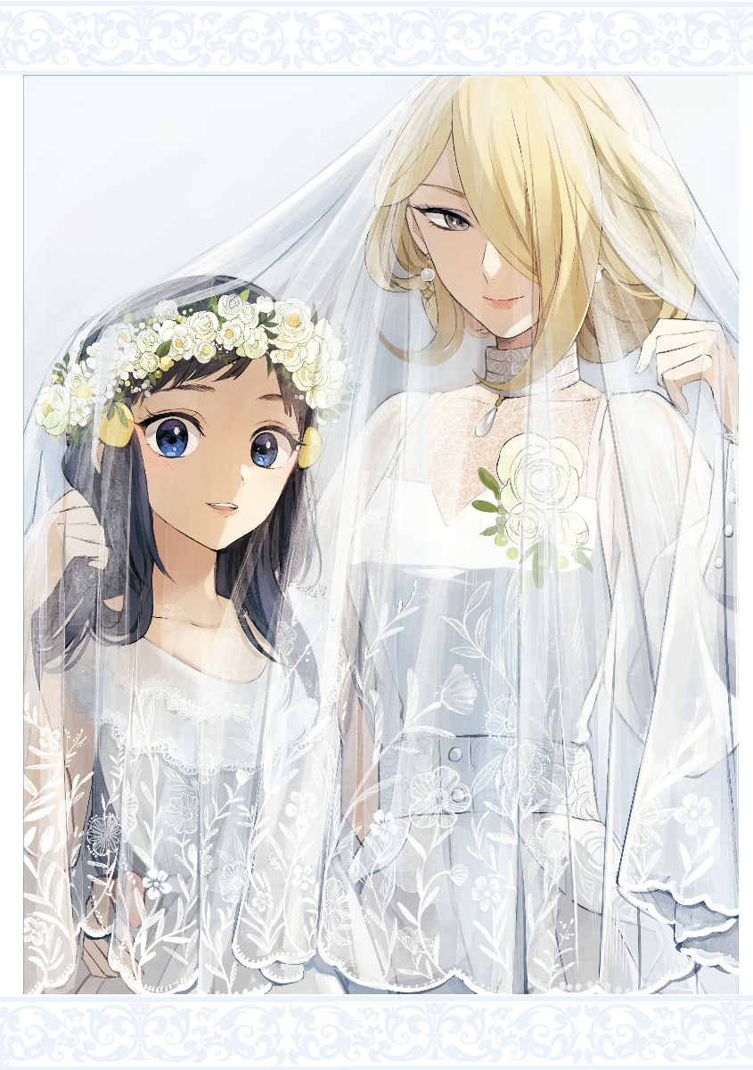 2girls, age_difference, arm_around_another's_waist, bad_id, bad_pixiv_id, black_hair, blonde_hair, blue_eyes, border, bridal_veil, bride, cynthia_(pokemon), dawn_(pokemon), dress, earrings, flower, flower_wreath, grey_eyes, hair_over_one_eye, hand_on_another's_hip, head_wreath, highres, jewelry, lace_trim, looking_at_viewer, multiple_girls, nintendo, open_mouth, parted_lips, pokemon, pokemon_diamond/pearl/platinum, simple_background, size_difference, smile, tareme, tsurime, upper_body, veil, wedding_dress, white_border, white_theme, wife_and_wife, yellow_eyes, yukin_(es), yuri