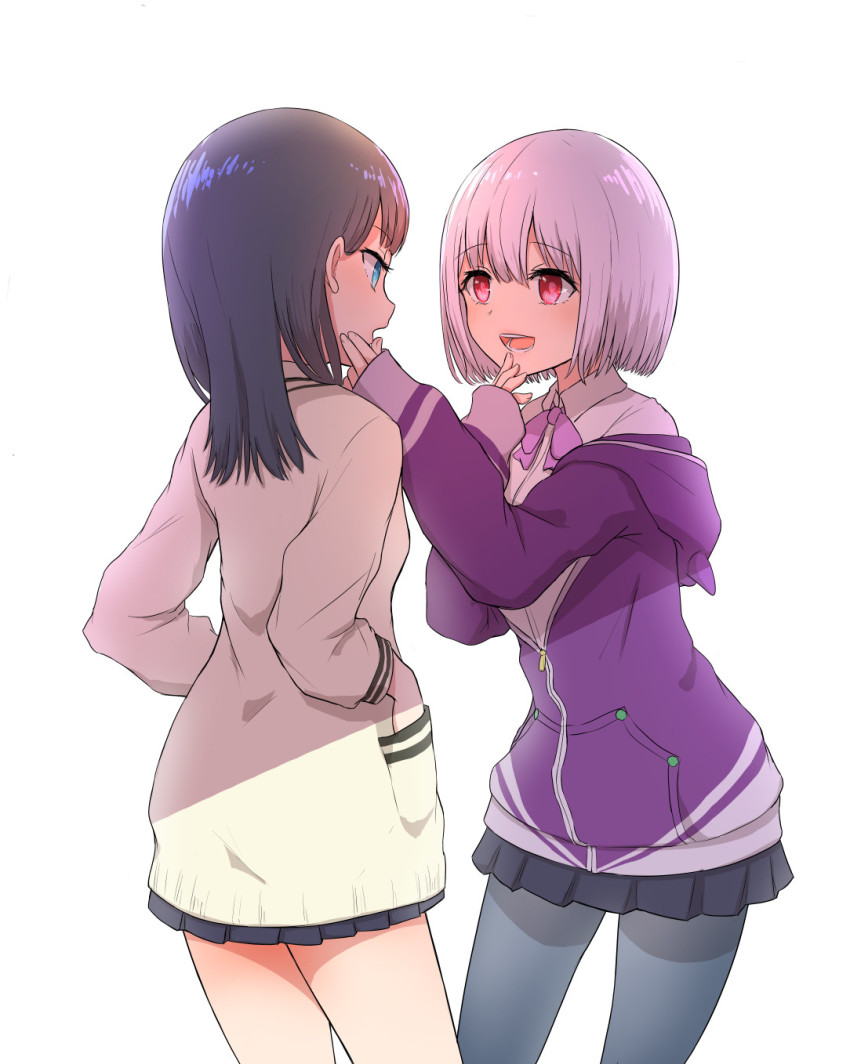 10s, 2girls, black_hair, black_skirt, blue_eyes, bow, cardigan, couple