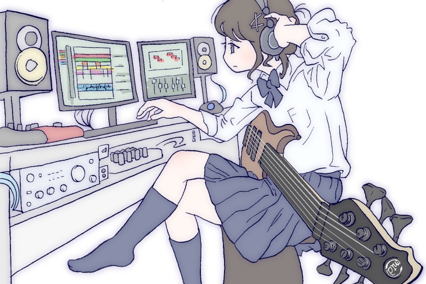 1girl, 6-string_bass_guitar, bass_guitar, black_socks, blue_eyes, brown_hair, commentary, computer