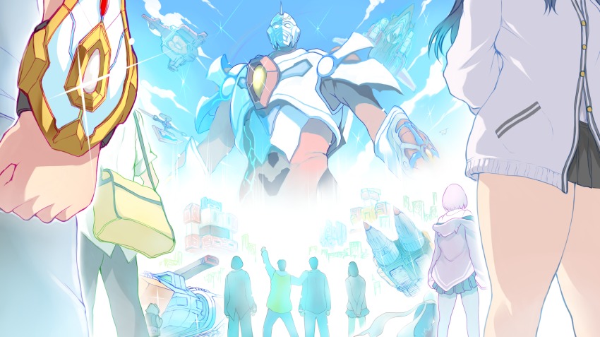 10s, 4girls, 6+boys, acceptor, aircraft, airplane, anosillus_ii, anti_(ssss.gridman), armor, baba_ippei, back, bag, cardigan, cloud, denkou_choujin_gridman, drill, giant, gridman_(character), gridman_(denkou_choujin), gridman_universe, head_out_of_frame, hibiki_yuuta, highres, hood, hoodie, inoue_yuka_(gridman), jacket, jet, legs, mecha, military, military_vehicle, motor_vehicle, multiple_boys, multiple_girls, pantyhose, paper_airplane, rainbow, robot, school_bag, school_uniform, shinjou_akane, shou_naoto, skirt, sky, sparkle, ssss.gridman, sword, takarada_rikka, tank, thighs, toudou_takeshi, tsukasawa_takamatsu, unconventional_vehicle, utsumi_shou, vehicle, weapon