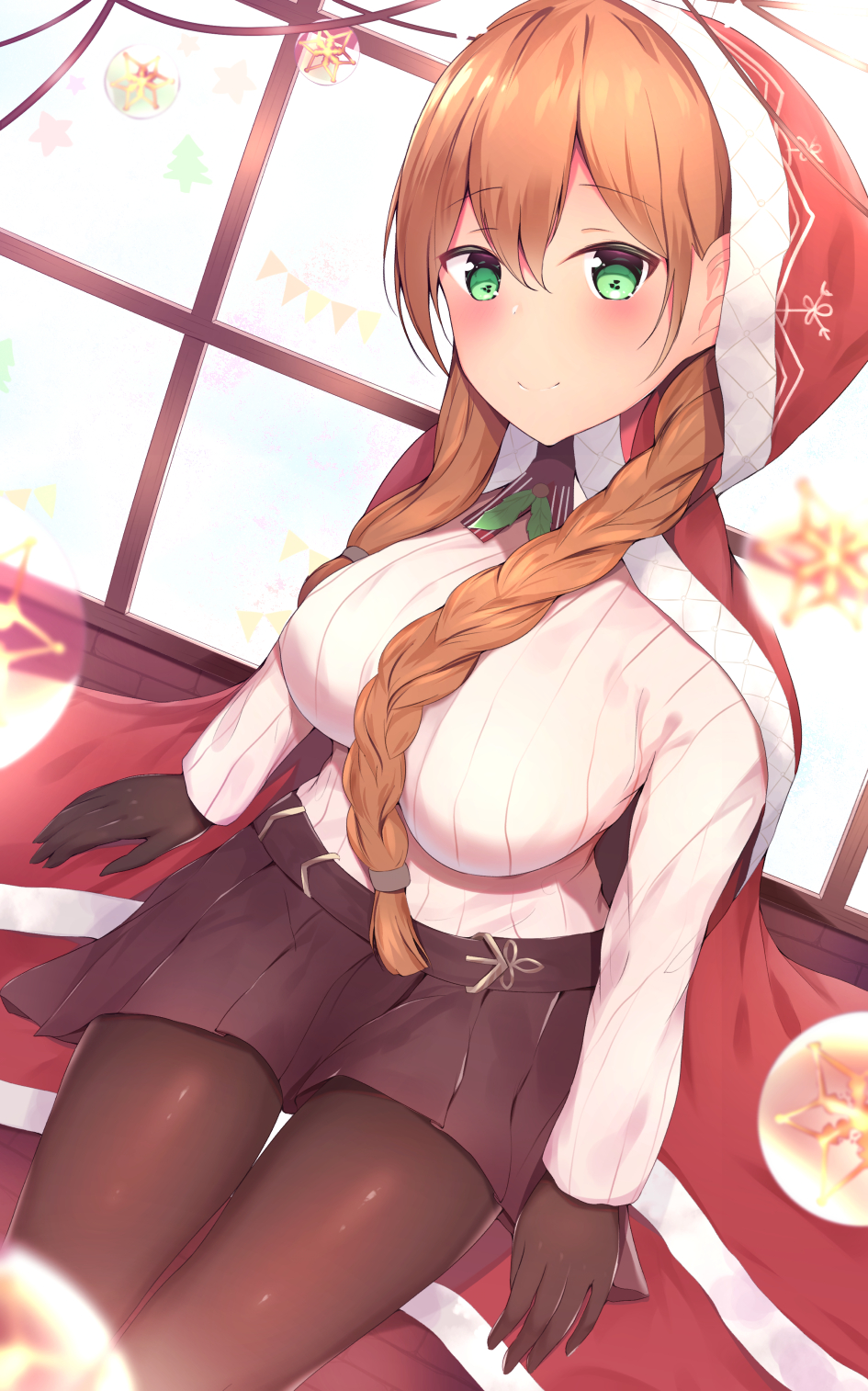 1girl, belt, blush, braid, breasts, brown_gloves, brown_hair, brown_pantyhose