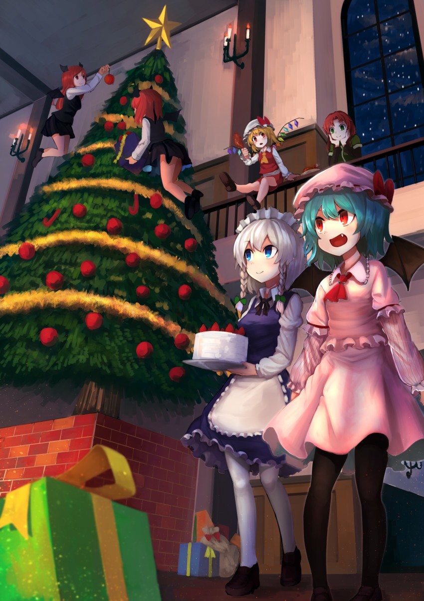 6+girls, :d, absurdres, against_railing, apron, arms_at_sides, ascot, bat_wings