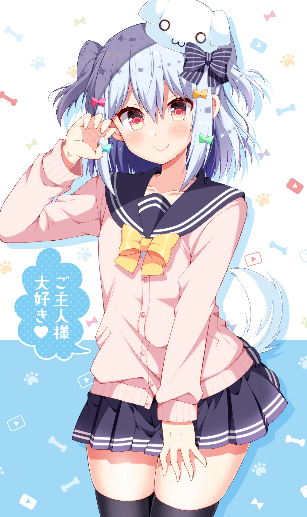 1boy, :>, black_bow, black_skirt, black_thighhighs, blue_background, blue_bow, blush