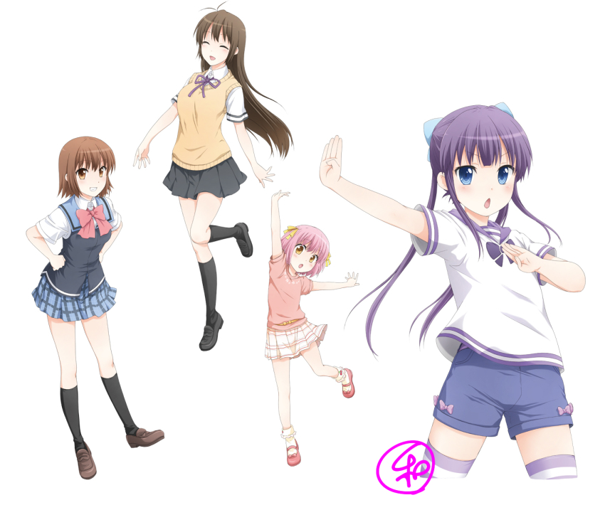 4girls, arm_up, black_legwear, blue_eyes, brown_hair, danchigai, closed_eyes, hair_ribbon