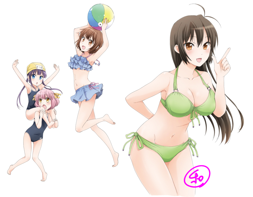 4girls, armpits, arms_up, ball, beachball, bikini, black_hair, blue_bikini, blue_eyes, brown_hair, danchigai, frilled_bikini, frills, green_bikini, hair_ribbon, long_hair, multiple_girls, nakano_mutsuki, nakano_satsuki, nakano_uzuki, nakano_yayoi, orange_eyes, pink_hair, purple_hair, ribbon, school_swimsuit, short_hair, siblings, swim_cap, swimsuit, twintails, yoneda_kazusa