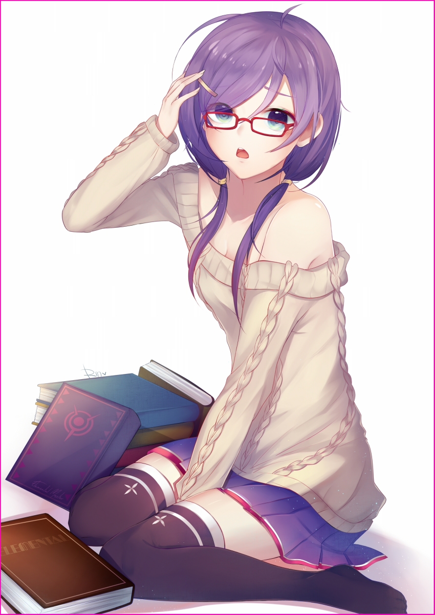 1girl, :o, absurdres, aisha_landar, between_legs, black_thighhighs, book, breasts