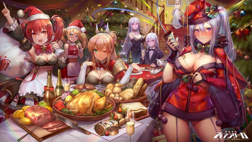 1boy, 6+girls, alcohol, alternate_costume, ann_(iron_saga), apple, apron, arm_up, armpits, arseille_(iron_saga), baguette, black_dress, black_gloves, black_jacket, black_neckwear, blonde_hair, blue_eyes, blush, bottle, bow, bowtie, bread, breasts, cape, champagne_flute, choker, christmas, christmas_lights, christmas_ornaments, christmas_tree, cleavage, cleavage_cutout, closed_mouth, clothing_cutout, confetti, crop_top, cup, d._(ddot2018), detached_sleeves, dress, drinking_glass, food, fork, fruit, fur-trimmed_cape, fur-trimmed_crop_top, fur-trimmed_dress, fur-trimmed_gloves, fur_trim, garter_straps, gloves, glumi_(iron_saga), green_eyes, hair_between_eyes, hair_ornament, hair_ribbon, hairclip, halter_dress, halterneck, hat, highres, holding, holding_cup, holding_sack, indoors, iron_saga, jacket, knife, large_breasts, linda_(iron_saga), logo, long_hair, long_sleeves, mango, medium_breasts, multiple_girls, onion, open_mouth, pale_skin, parted_lips, party_popper, plate, pom_pom_(clothes), ponytail, pork, purple_eyes, purple_hair, red_cape, red_dress, red_eyes, red_hair, rhea_(iron_saga), ribbon, sack, santa_costume, santa_hat, shawl, shirt, sidelocks, silver_hair, skirt, sleeveless, small_breasts, smile, sparkle, spill, stairs, star-shaped_pupils, star_(symbol), steak, stuffed_toy, symbol-shaped_pupils, table, trista_(iron_saga), turkey_(bird), twintails, vivian_kirastar_(iron_saga), waist_apron, white_dress, white_shirt