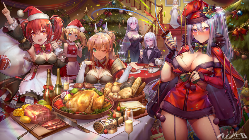 1boy, 6+girls, alcohol, alternate_costume, ann_(iron_saga), apple, apron, arm_up, armpits, arseille_(iron_saga), baguette, black_dress, black_gloves, black_jacket, black_neckwear, blonde_hair, blue_eyes, blush, bottle, bow, bowtie, bread, breasts, cape, champagne_flute, choker, christmas, christmas_lights, christmas_ornaments, christmas_tree, cleavage, cleavage_cutout, closed_mouth, clothing_cutout, confetti, crop_top, cup, d._(ddot2018), detached_sleeves, dress, drinking_glass, food, fork, fruit, fur-trimmed_cape, fur-trimmed_crop_top, fur-trimmed_dress, fur-trimmed_gloves, fur_trim, garter_straps, gloves, glumi_(iron_saga), green_eyes, hair_between_eyes, hair_ornament, hair_ribbon, hairclip, halter_dress, halterneck, hat, highres, holding, holding_cup, holding_sack, indoors, iron_saga, jacket, knife, large_breasts, linda_(iron_saga), logo, long_hair, long_sleeves, looking_at_viewer, mango, medium_breasts, multiple_girls, official_art, onion, open_mouth, pale_skin, parted_lips, party_popper, plate, pom_pom_(clothes), ponytail, pork, purple_eyes, purple_hair, red_cape, red_dress, red_eyes, red_hair, rhea_(iron_saga), ribbon, sack, santa_costume, santa_hat, shawl, shirt, sidelocks, silver_hair, skirt, sleeveless, small_breasts, smile, sparkle, spill, stairs, star-shaped_pupils, star_(symbol), steak, stuffed_toy, symbol-shaped_pupils, table, trista_(iron_saga), turkey_(bird), twintails, vivian_kirastar_(iron_saga), waist_apron, white_dress, white_shirt