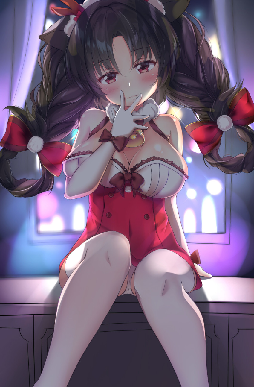 1girl, animal_ears, aono_(f_i_s), azur_lane, bare_shoulders, bell, blurry, blurry_background, blush, bow, braid, braided_hair_rings, breasts, brown_hair, christmas, cleavage, closed_mouth, commentary_request, curtains, depth_of_field, dress, elbow_gloves, female_focus, fur_collar, gloves, hair_between_eyes, hair_bow, hair_rings, hand_up, head_tilt, highres, large_breasts, long_hair, looking_at_viewer, ooshio_(azur_lane), ooshio_(the_reindeer's_present)_(azur_lane), panties, parted_bangs, red_bow, red_dress, red_eyes, sitting, smile, solo, thighhighs, twin_braids, twintails, underwear, white_gloves, white_panties, white_thighhighs, window