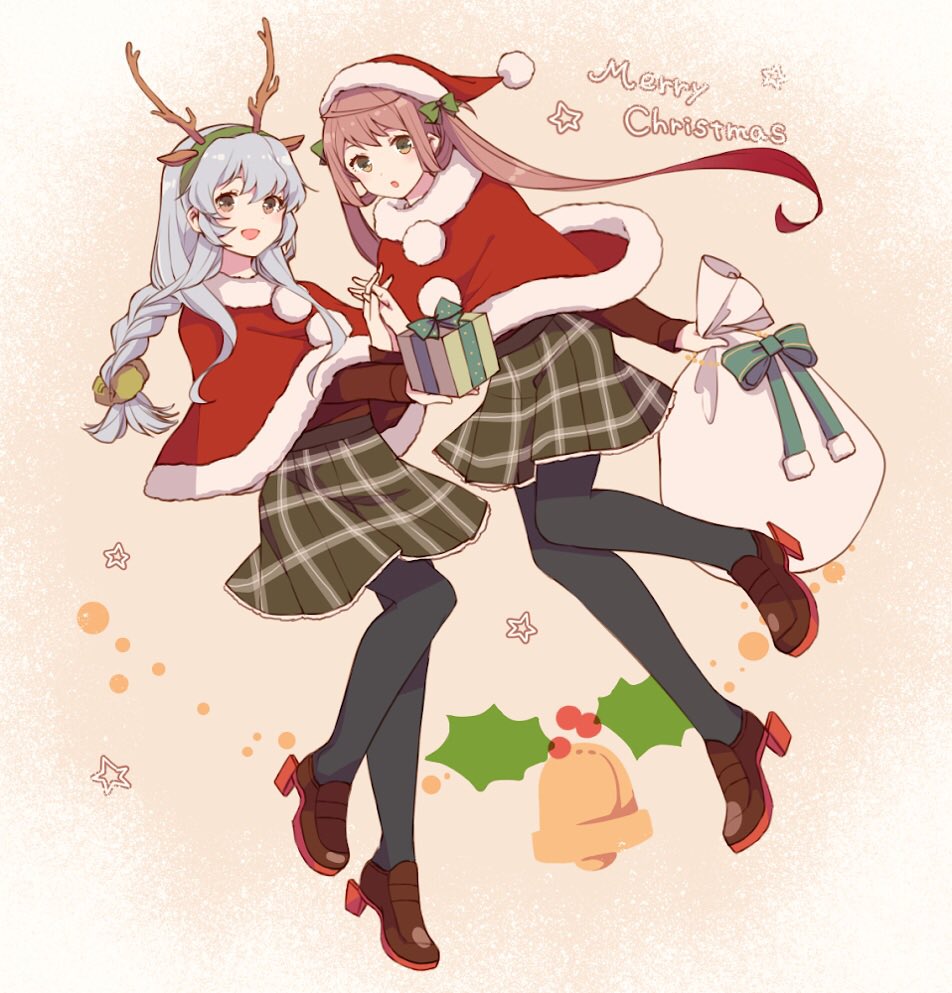 2girls, alternate_costume, asagumo_(christmas)_(kancolle), asagumo_(kancolle), bad_id, bad_twitter_id, beige_background, bell