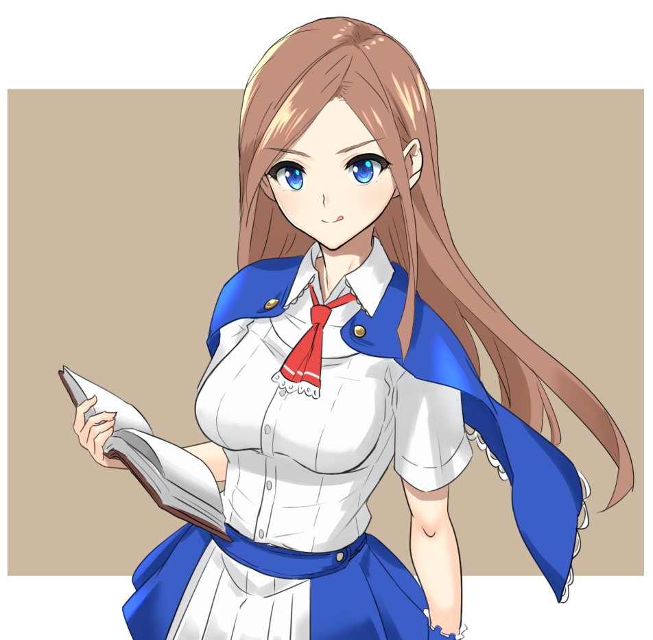 1girl, :q, arm_at_side, ascot, blue_capelet, blue_eyes, blue_skirt, book