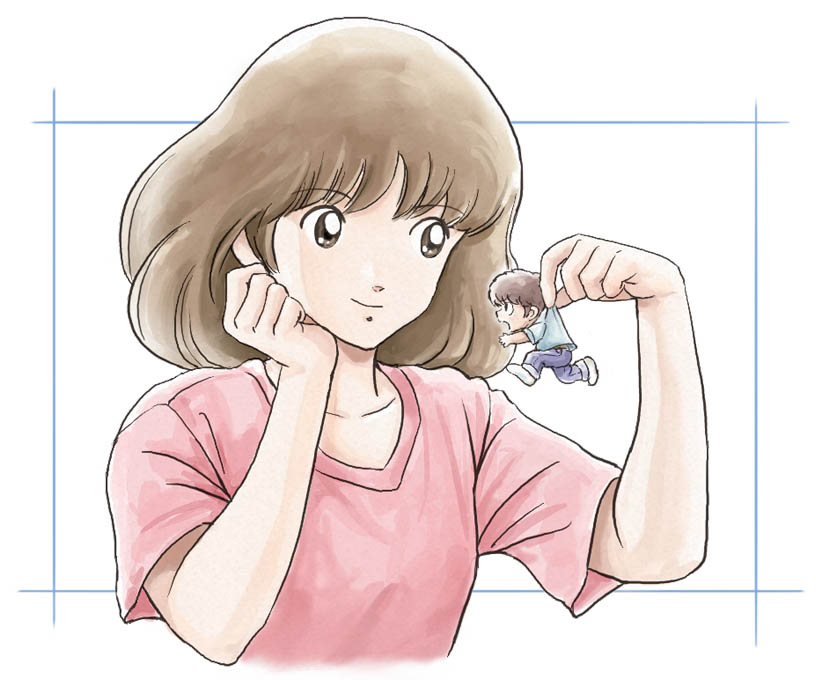 1boy, 1girl, asakura_minami, brown_eyes, brown_hair, chibi, denim, eye_contact