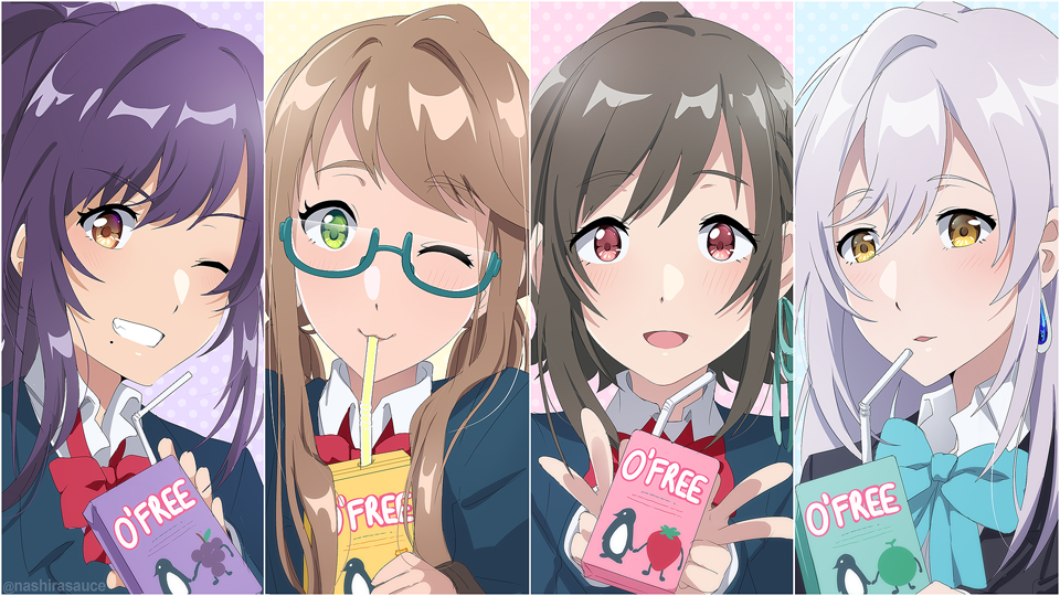 10s, 4girls, :d, blazer, blue-framed_eyewear, blush, brown_eyes, brown_hair