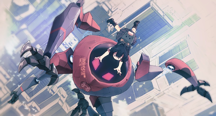 1girl, backpack, bag, black_eyes, black_hair, black_socks, brown_shoes, building, closed_mouth, commentary_request, dutch_angle, female_focus, grey_skirt, highres, marvel, peni_parker, pleated_skirt, robot, shoes, short_sleeves, skirt, skyscraper, smile, socks, solo, spider-man:_into_the_spider-verse, spider-man_(series), spider-verse, whitebear