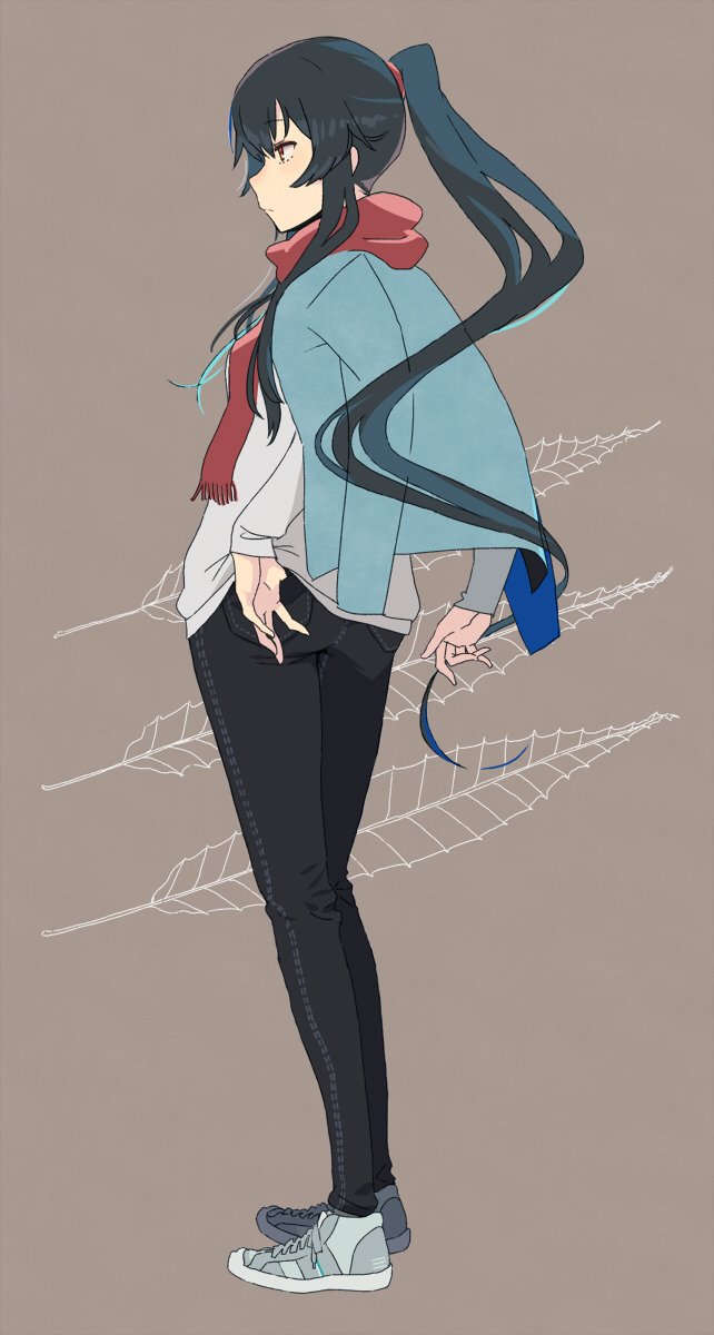 1girl, alternate_costume, black_hair, black_pants, blue_jacket, brown_background, denim, female_focus