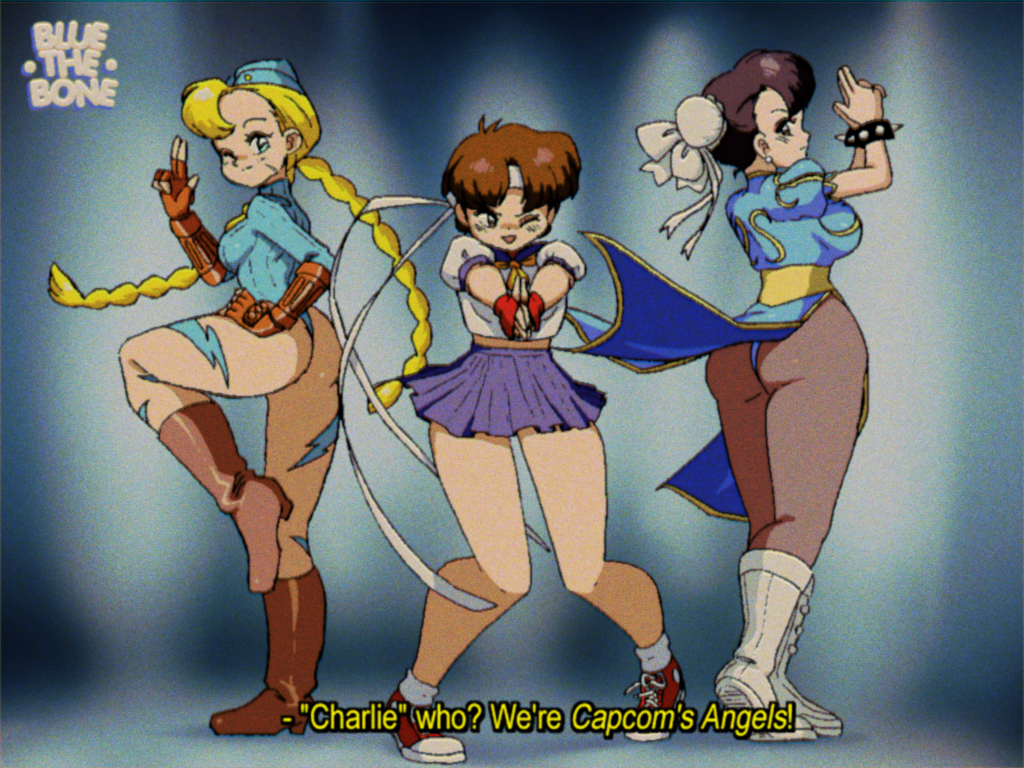 1990s_(style), ahoge, antenna_hair, aqua_leotard, ass, blue_dress, blue_leotard, blue_sailor_collar, blue_skirt, bluethebone, bodypaint, boots, bracelet, braid, brown_eyes, brown_footwear, brown_gloves, brown_hair, brown_legwear, bun_cover, buruma, cammy_white, capcom, charlie's_angels, china_dress, chinese_clothes, chun-li, commentary_request, cross-laced_footwear, double_bun, dress, earrings, english_text, fingerless_gloves, garrison_cap, gloves, hair_bun, hat, headband, huge_ahoge, jewelry, kasugano_sakura, leotard, neckerchief, one_eye_closed, pantyhose, parody, pelvic_curtain, pleated_skirt, puffy_short_sleeves, puffy_sleeves, retro_artstyle, ribbed_leotard, sailor_collar, school_uniform, serafuku, short_sleeves, side_slit, skirt, sleeved_leotard, spiked_bracelet, spikes, standing, standing_on_one_leg, street_fighter, street_fighter_v, street_fighter_zero_(series), style_parody, subtitled, thong_leotard, twin_braids, white_footwear, yellow_neckerchief