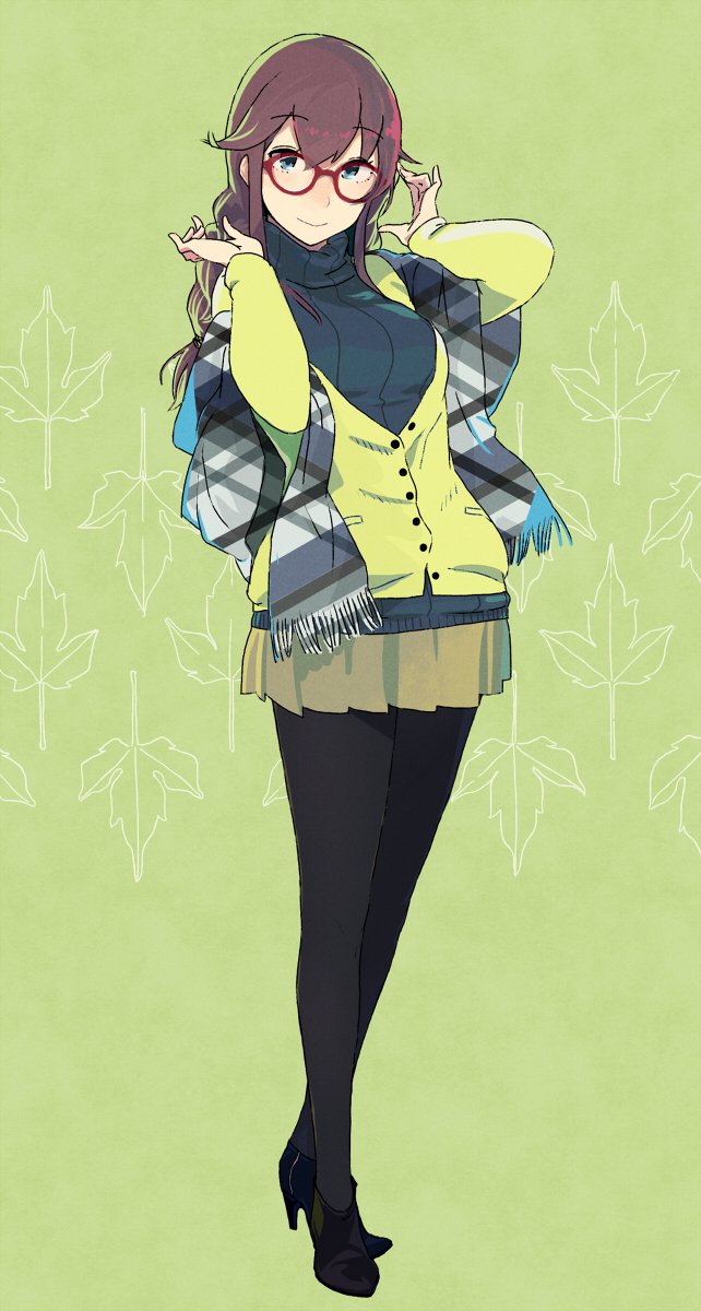 1girl, alternate_costume, bespectacled, black_footwear, black_pantyhose, black_sweater, blue_eyes, braid